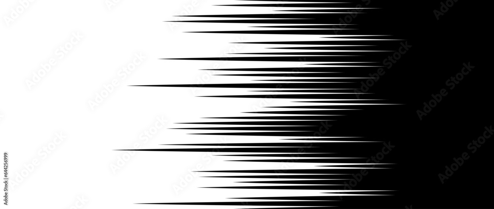 Poster Straight speed lines repeating pattern. Black and white horizontal stripes gradient. Abstract fast effect texture. Comic cartoon rays and beams wallpaper or banner, poster, book. Vector background