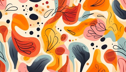 Seamless pattern with hand drawn abstract shapes and floral elements