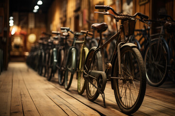 Fototapeta na wymiar A row of vintage bicycles from the late 19th century, showcasing the evolution of pedal-powered transportation. Generative Ai.