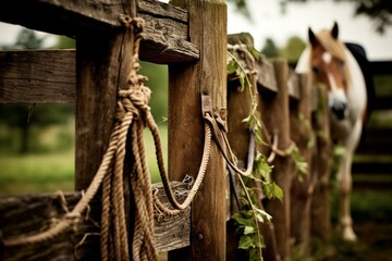 Horse reins on a wooden fence. Generative AI