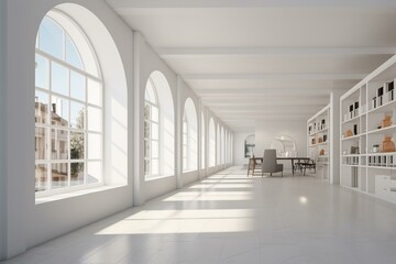 Contemporary white office corridor with spacious window overlooking meeting area. Generative AI