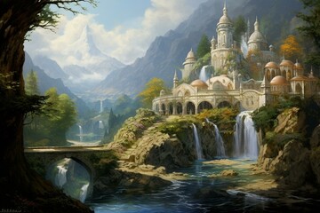 an artwork depicting the beautiful Rivendell town from the Lord of the Rings. Generative AI