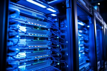 A close-up of a server in a blue-lit rack. Generative AI