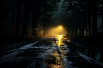 Glimmering lights, wet road, smoky darkness. Generative AI
