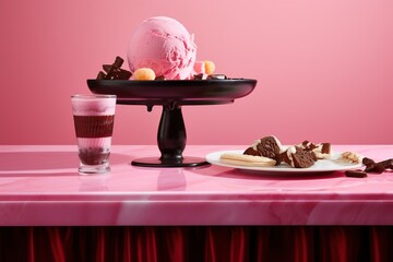a pink table topped with a chocolate covered ice cream bar