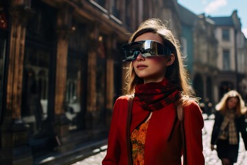 An attractive fashion woman wearing virtual reality headset, exploring modern city with digital adds