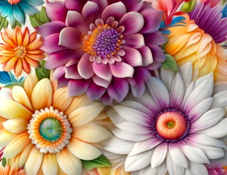 Realistic style vibrant colorful flowers pattern. Generative AI © designermetin
