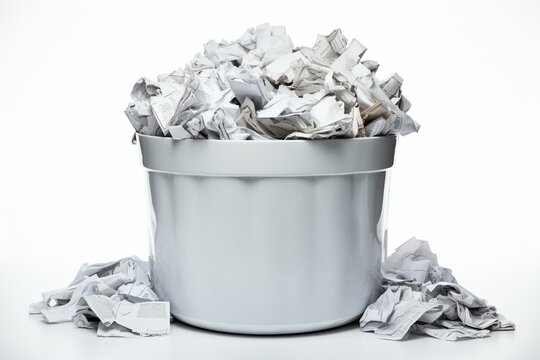 Bin filled with discarded papers in a white background. Generative AI