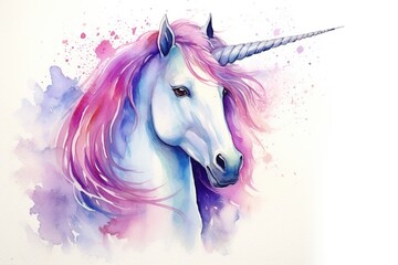 Watercolor unicorn head isolated on white background