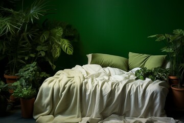 A bed adorned with a green and white blanket, accompanied by a potted plant beside it. A green wall serves as the backdrop. Generative AI