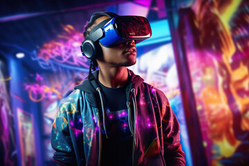 A person wearing virtual reality glasses, exploring metaverse world of digital art