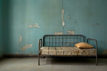 Worn room with faded blue paint, featuring a single gray metal foldable bed. Generative AI - obrazy, fototapety, plakaty