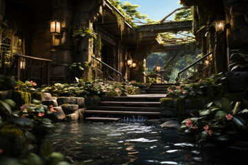 Fototapeta premium A spa resort offers open-air baths surrounded by lush vegetation, providing a space for guests to unwind in nature's embrace. Generative Ai.