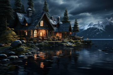 Obraz premium A secluded cabin in a snowy landscape offers a cozy retreat for those seeking solitude and rejuvenation during winter. Generative Ai.