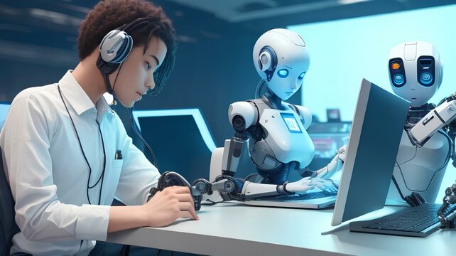 Robot working alongside people typing on computer Futuristic worker
