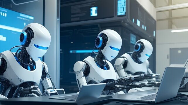 Robot working alongside people typing on computer Futuristic worker.