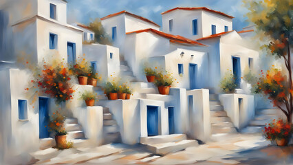 impressionist style painting of a sunlit traditional greek village with ancient white houses in summer sunlight