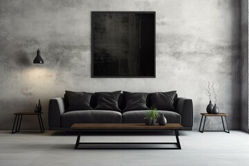 Sleek black couch in a simple living area with an empty wall. Generative AI