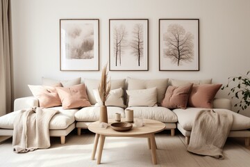 Scandinavian style livingroom with four framed posters on the wall. Generative AI