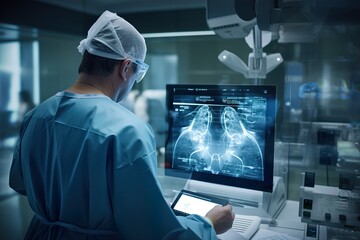 Fototapeta premium The doctor studies X-rays and information about the patient's state of health on modern equipment