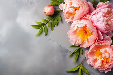 mockup sheet of paper on a gray granite surface among peonies flowers, copy space among peonies on the table