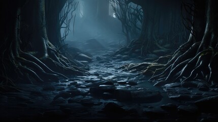 Landscape of tree roots in moist, nutrient-rich soil.