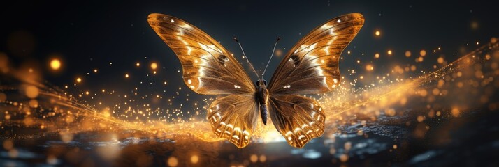 Close-up of a golden butterfly in flight. - obrazy, fototapety, plakaty