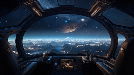 Futuristic spaceship interior with large panoramic window.