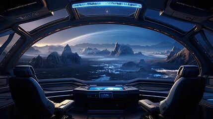 Futuristic spaceship interior with large panoramic window.
