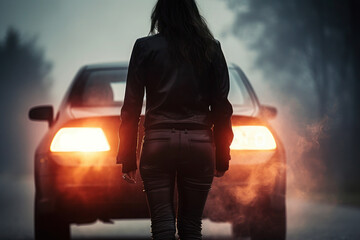 silhouette of a girl in the light of car headlights. a woman walks through the mysterious and dangerous night streets.