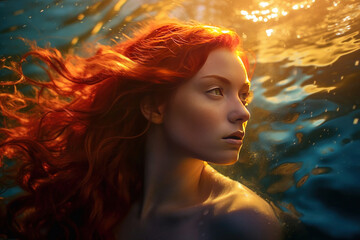 Portrait of young sexy playful woman with red hair. a girl swims in the sea at sunset or dawn. - obrazy, fototapety, plakaty