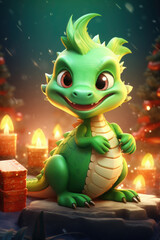 a small, cute green dragon is celebrating Christmas and New Year. symbol of the year 2024. dark background and lights