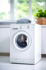 Empty wooden board over blurred laundry room washing machine background. towels and white bathroom