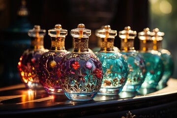 Glass bottles with traditional perfume and ittar on display