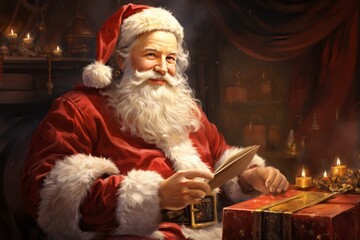 Santa Claus reads a letter of wishes in postcard style. Merry christmas and happy new year concept