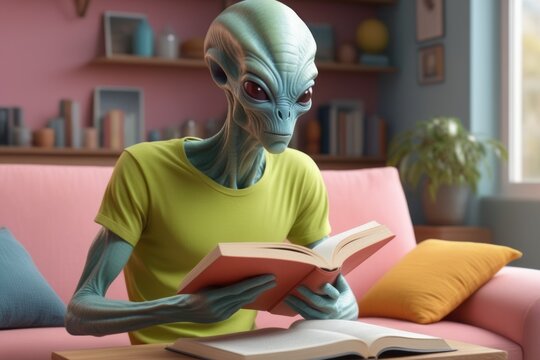The alien reads a book. Portrait with selective focus and copy space