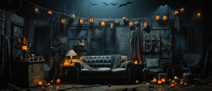 Halloween spooky background, scary pumpkins with smoke in old big creepy Happy Haloween ghosts horror house inside big empty foggy room. Creepy october dark smoky mysterious night backdrop concept.