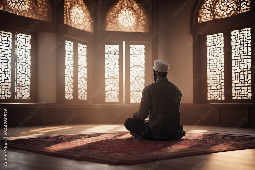 Wall mural Muslim man sitting on prayer mat in mosque