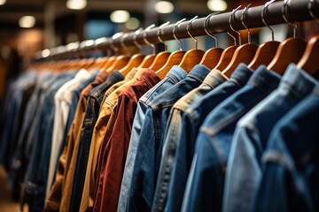 Fototapeta premium Many wooden plastic racks hangers with denim clothes male fashion dressing outfit in a shopping mall photo with selective focus