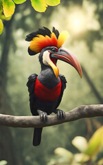 Stunning big hornbill on branch in deep forest, AI generated