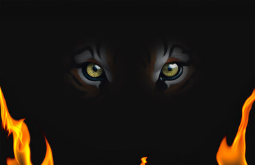 Scary yellow eyes of mystery tiger in the dark, AI generated