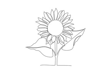 One continuous line drawing of Sunflower and floral frame concept. Doodle vector illustration in simple linear style. 