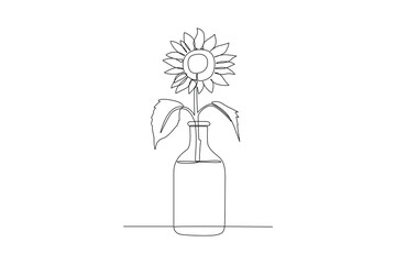 One continuous line drawing of Sunflower and floral frame concept. Doodle vector illustration in simple linear style. 