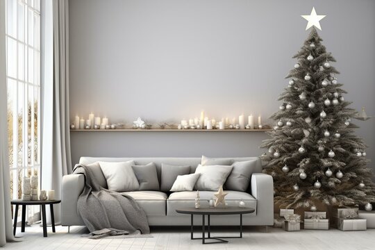 Modern living room with grey sofa, fur pillow, stars, and decorated Christmas tree against white background. Rendered in 3D. Generative AI