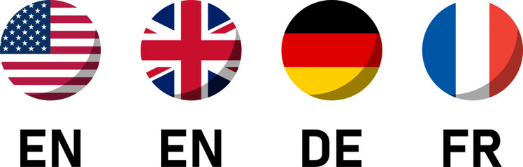 Round Flag Selection Button Badge Icon Set including USA, UK, Germany and France Flags with Language Codes for English German  and French with 3D Shadow Effect. Vector Image.