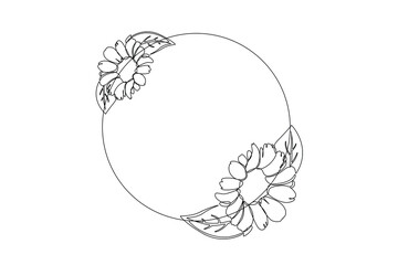One continuous line drawing of Sunflower and floral frame concept. Doodle vector illustration in simple linear style. 
