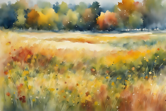impressionist watercolor style painting of a autumn meadow landscape with trees in the distance