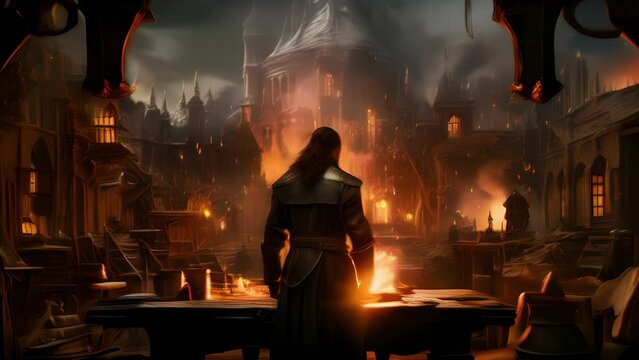 The back of the blacksmith was impressive. Clothed in a thick leather armor the figure of the blacksmith was imposing. Over his shoulder there hung a large and intricate