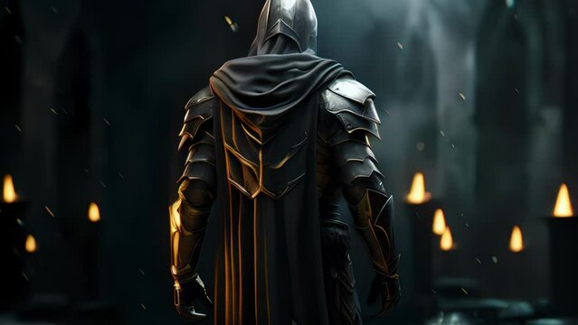 A hooded figure is focused intently on the task before them backlit by a brilliant glow. Their figure is dd in black cloth and armoured in gleaming metal the vestiges of