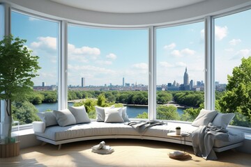 Panoramic window in bright living room corner. Generative AI